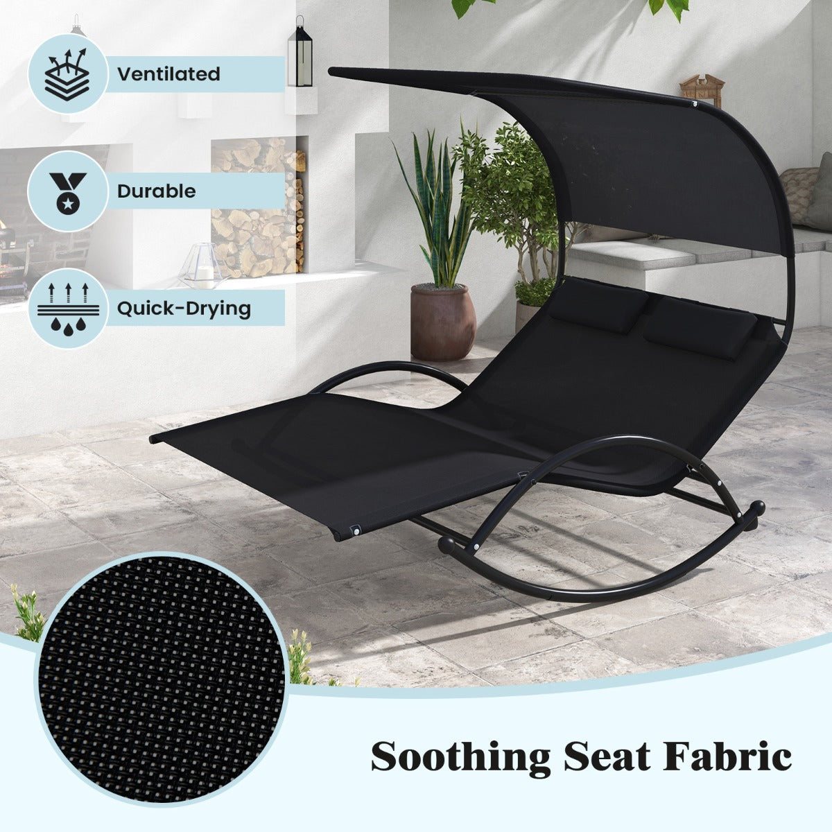 LIVSK 2-zits dubbele schommel-ligstoel - Ergonomisch design - Ruime zitting - Antislipbasis - Tot 300 kg - 182 x 137 x 165 cm -