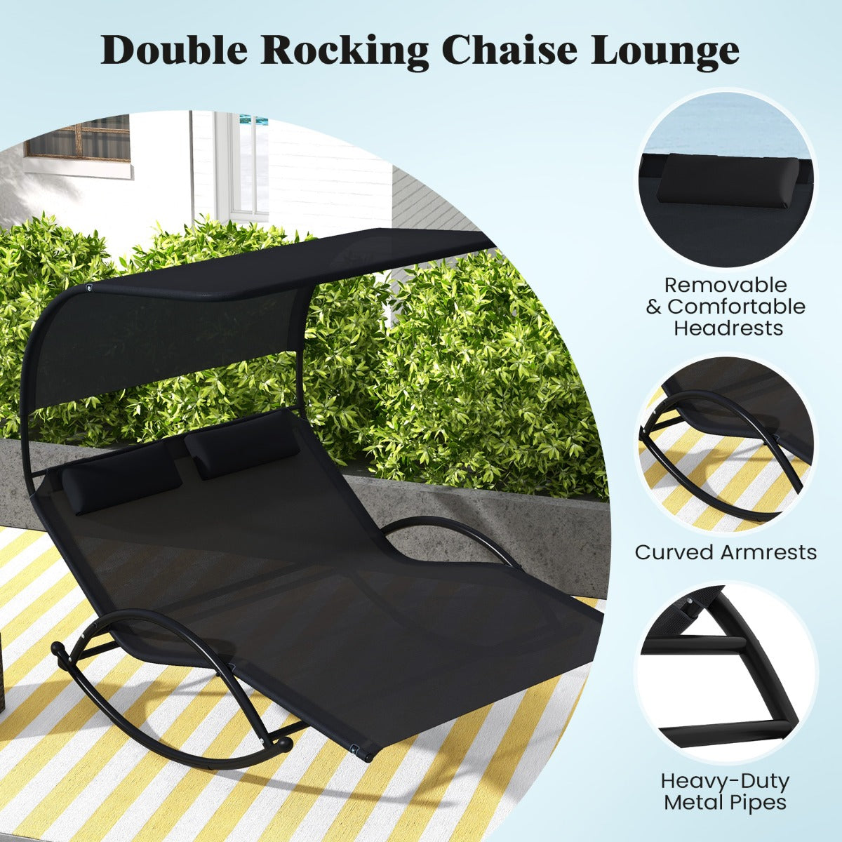 LIVSK 2-zits dubbele schommel-ligstoel - Ergonomisch design - Ruime zitting - Antislipbasis - Tot 300 kg - 182 x 137 x 165 cm -