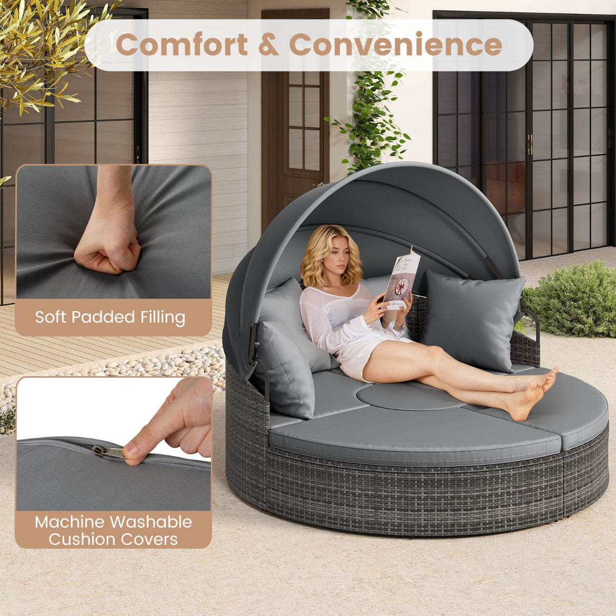 LIVSK Patio Rond Bed met Uitschuifbaar Zonnescherm - Handgeweven PE-Rattan - Comfortabele Kussens - Mix Grijs