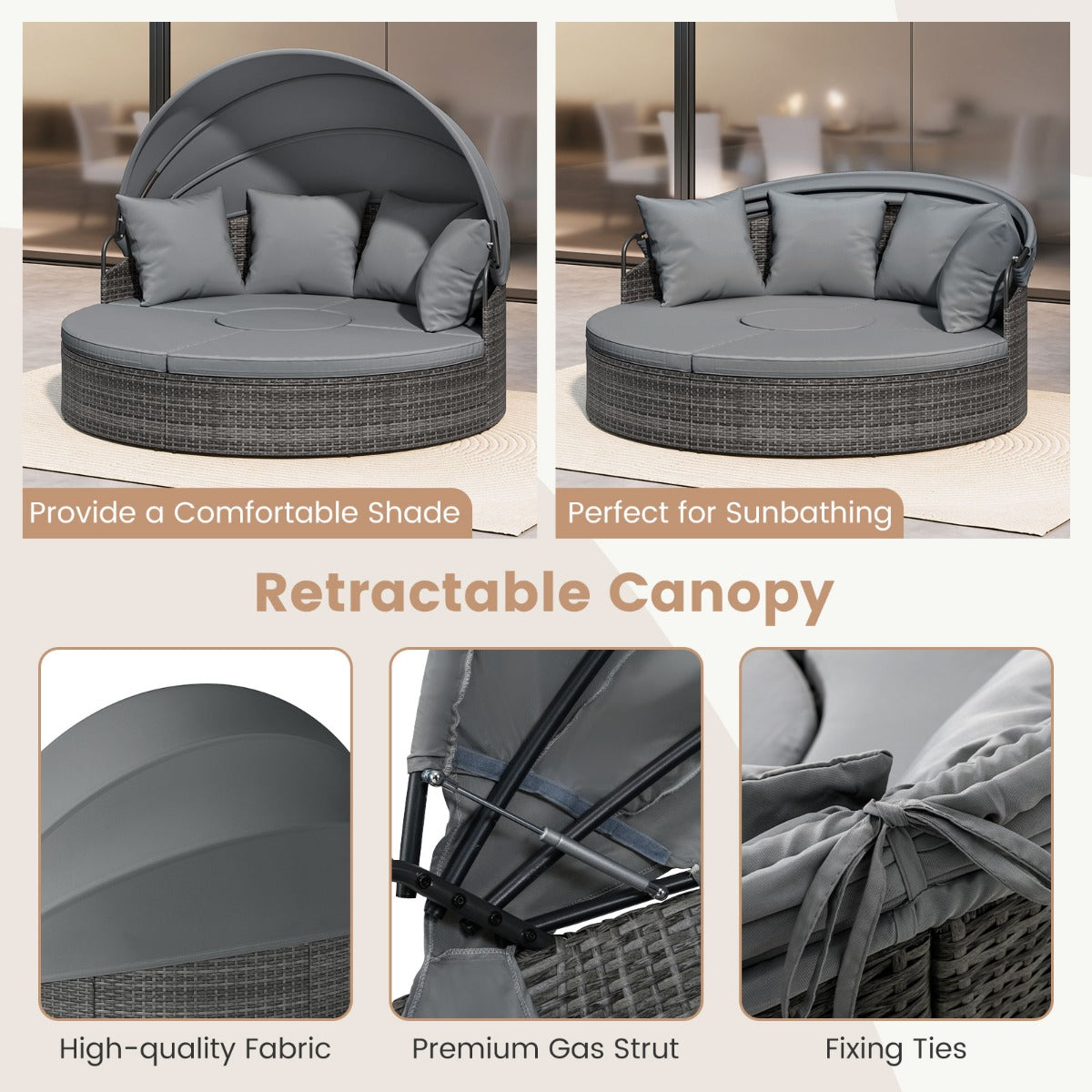 LIVSK Patio Rond Bed met Uitschuifbaar Zonnescherm - Handgeweven PE-Rattan - Comfortabele Kussens - Mix Grijs