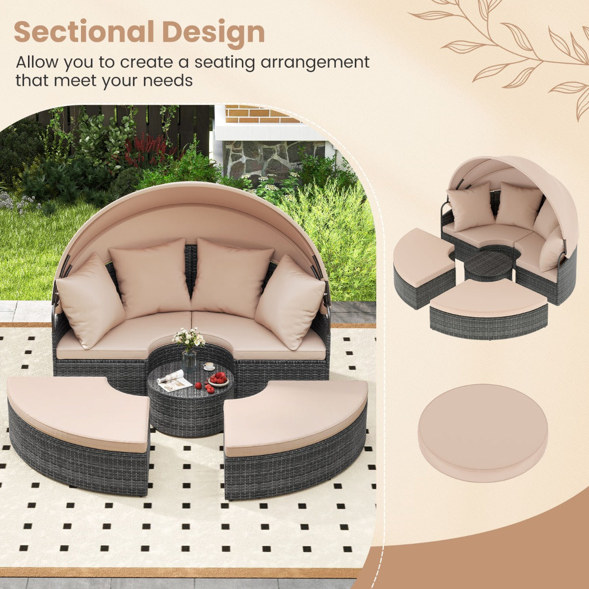LIVSK Patio Rond Bed met Uitschuifbaar Zonnescherm - Handgeweven PE-Rattan - Inclusief Kussens - 172 x 180 x 141 cm - Mix