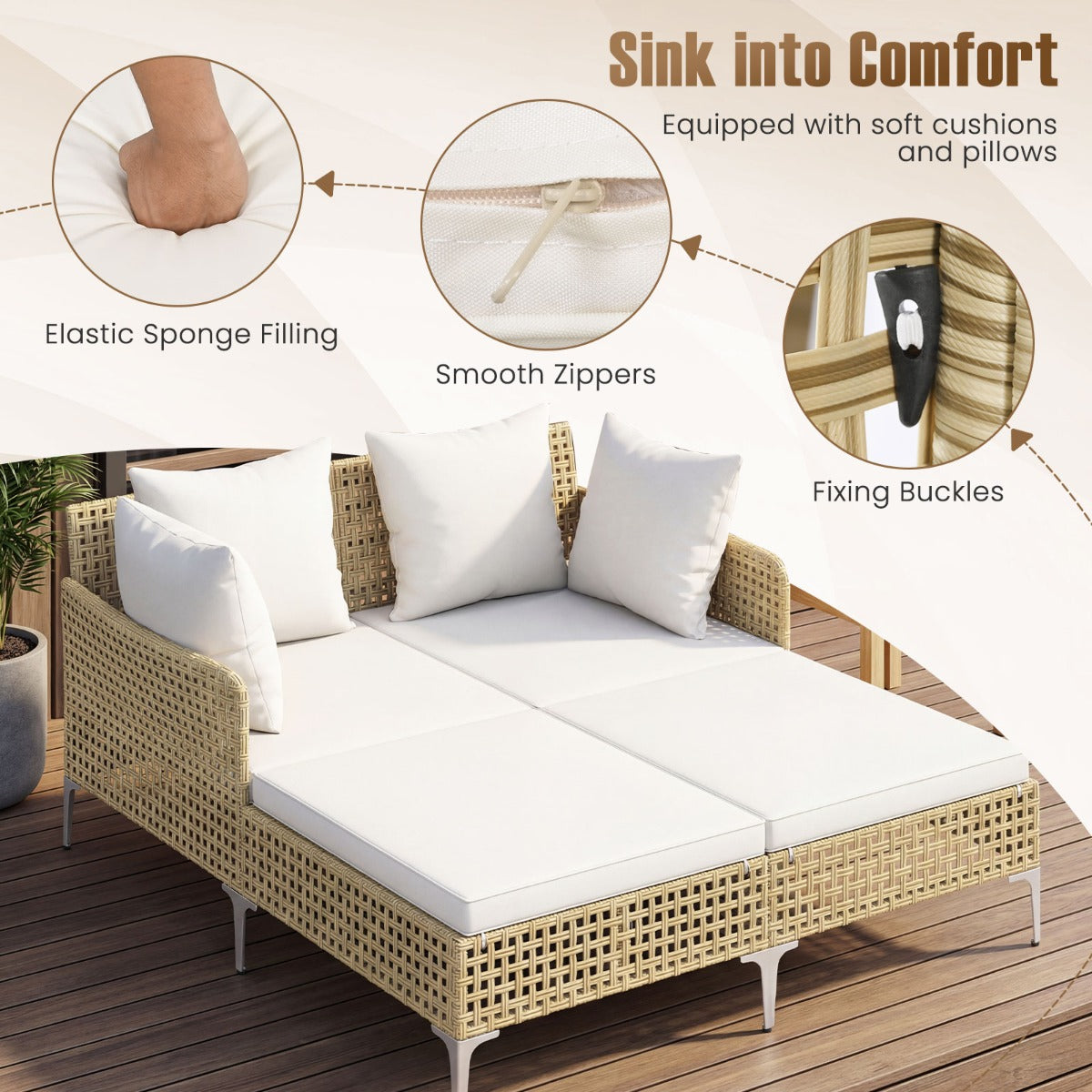 Livsk costway zonnebank dubbele ligstoel van rotan voor 2 personen met zit en rugkussens tuinligstoel voor buiten met metalen frame