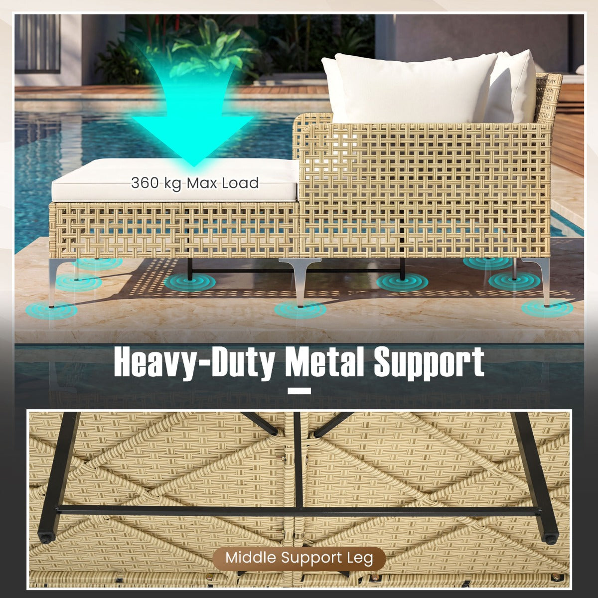 Livsk costway zonnebank dubbele ligstoel van rotan voor 2 personen met zit en rugkussens tuinligstoel voor buiten met metalen frame 4