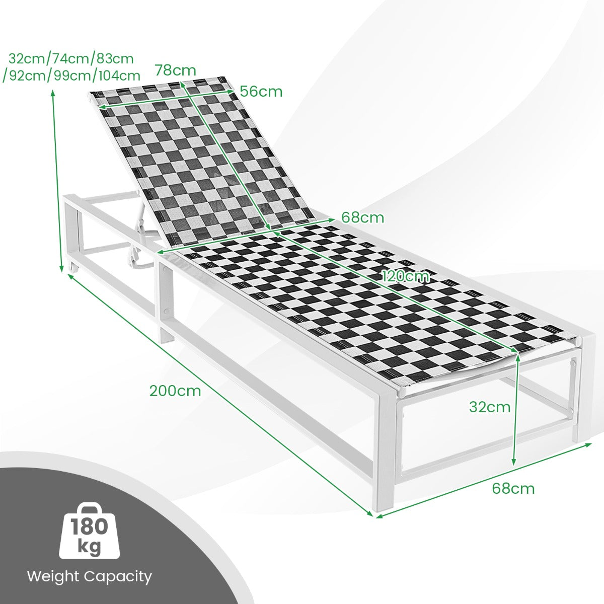 LIVSK Ligstoel voor Buiten - Verstelbare Rugleuning - Wielen - Tot 180 kg - Sneldrogend Stof - 200 x 68 x 32/73.5/83/92/99/104 cm