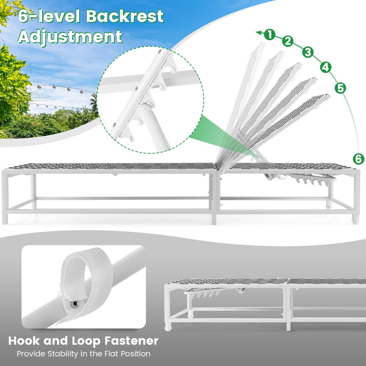 LIVSK Ligstoel voor Buiten - Verstelbare Rugleuning - Wielen - Tot 180 kg - Sneldrogend Stof - 200 x 68 x 32/73.5/83/92/99/104 cm