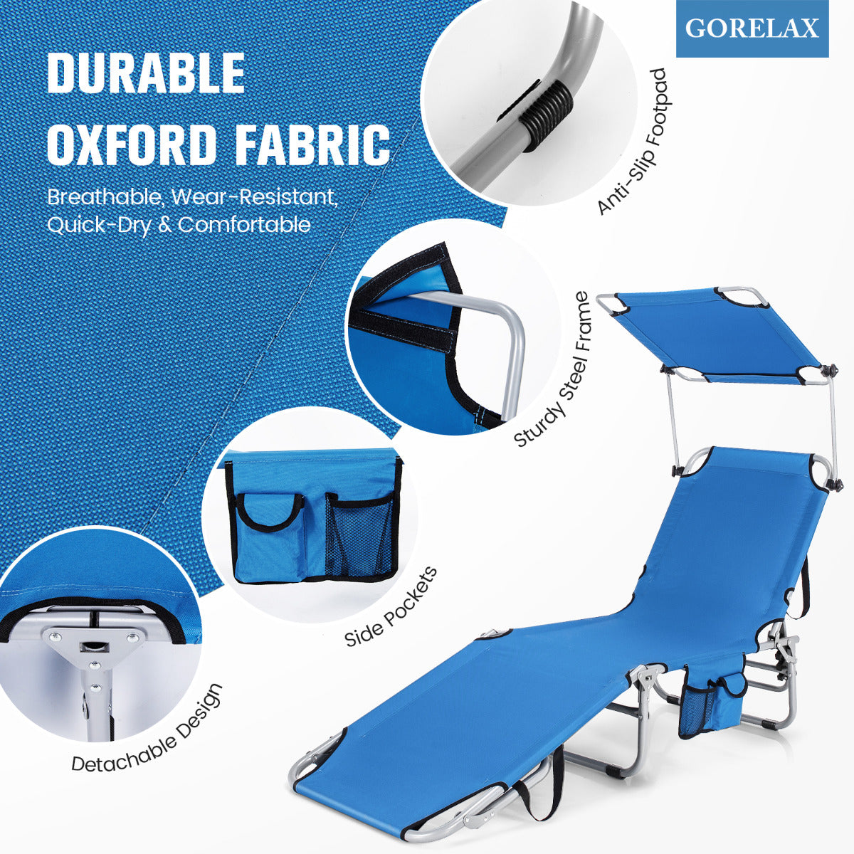 LIVSK Verstelbare Ligstoel met Draaibare Baldakijn - Inklapbaar en Draagbaar - Tot 150 kg - Voor Comfort in de Tuin - Blauw