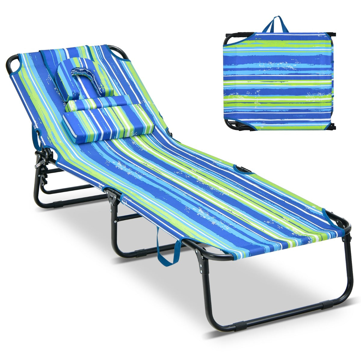 LIVSK Inklapbare Ligstoel met Gezichtsopening - 5-voudig Verstelbare Rugleuning - Duurzaam Metalen Frame - Blauw + Groen