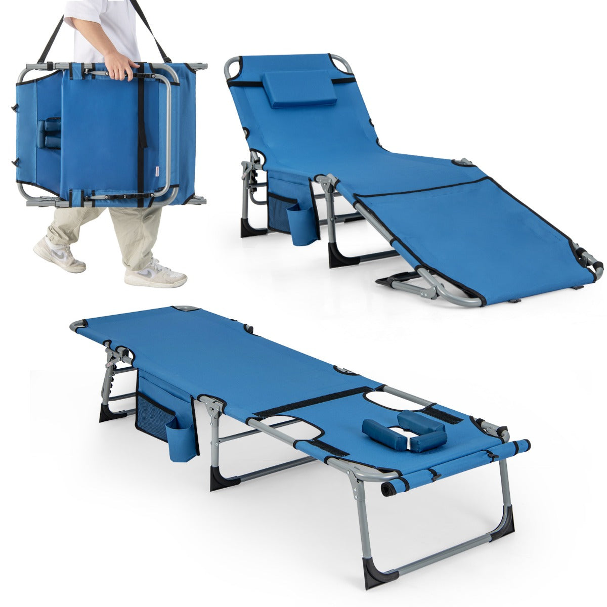 LIVSK Outdoor Ligstoel - 5 Verstelbare Rugposities - Inklapbaar met Hoofdkussen - Draagvermogen tot 180 kg - Beige