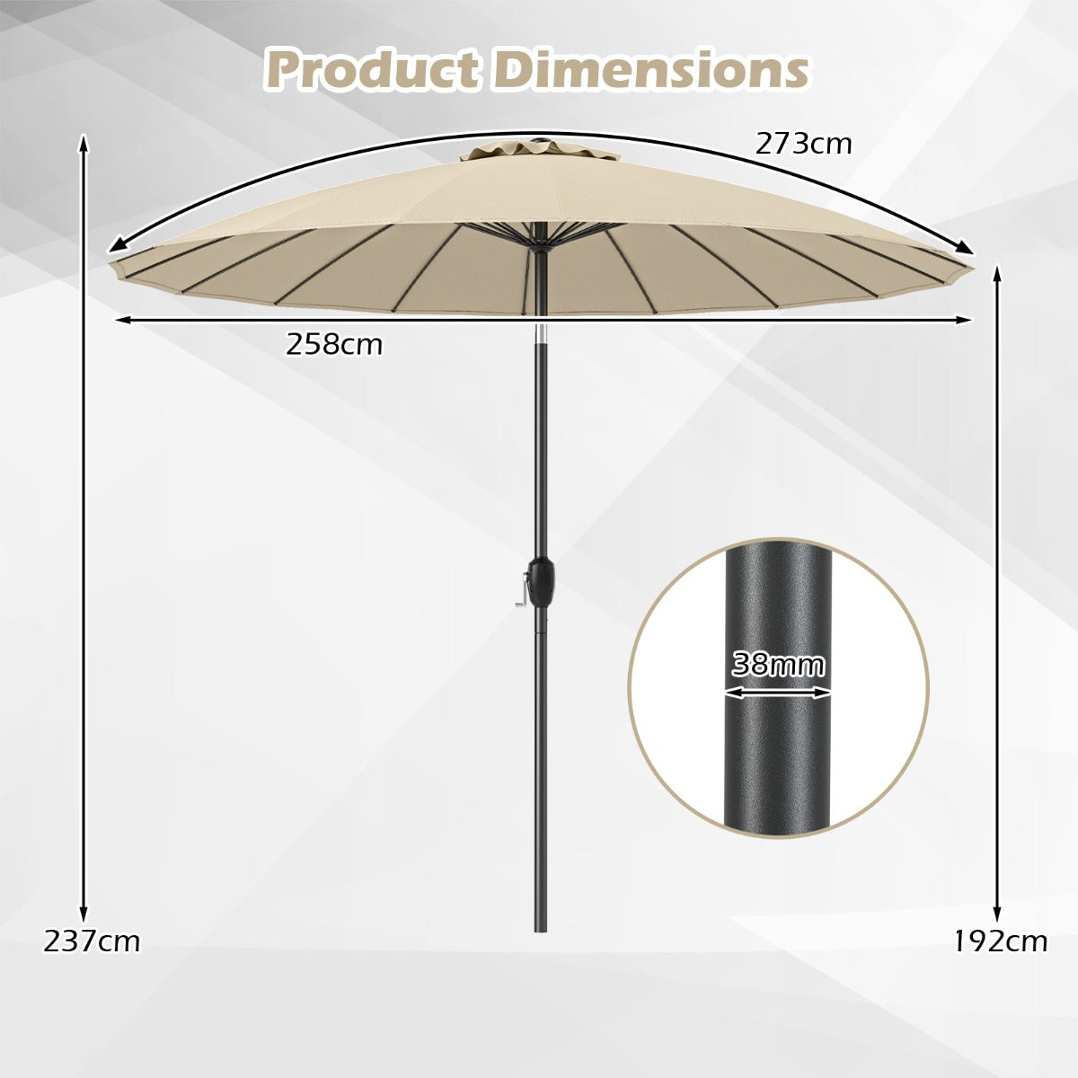 Livsk costway zonnescherm 258 cm tuinparasol met een slinger om te openen sluiten dubbelzijdig kantelbaar tot 35 beige