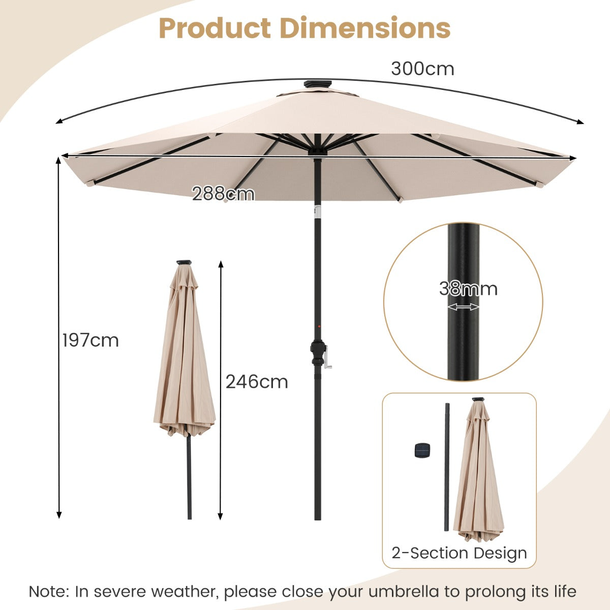 LIVSK Zonnescherm Parasol 300 cm - 96 LED-lampen met 9 Verlichtingsmodi - Kantelbaar - Polyester - Beige