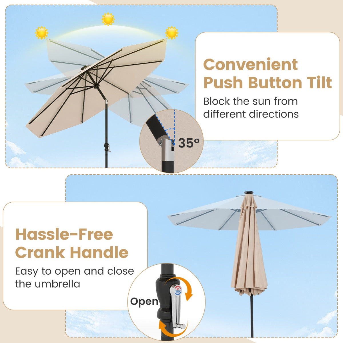 LIVSK Zonnescherm Parasol 300 cm - 96 LED-lampen met 9 Verlichtingsmodi - Kantelbaar - Polyester - Beige