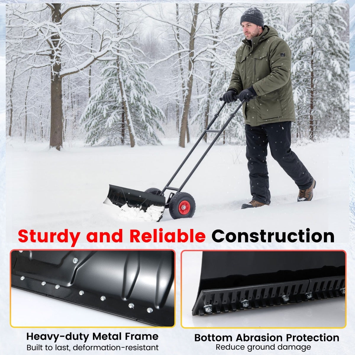 LIVSK Metalen Sneeuwschuiver met Wielen - 91,5 cm Breed - Ergonomische Verstelbare Handgreep - 7-voudig Instelbaar - Zwart