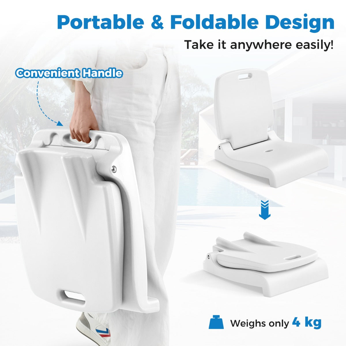 LIVSK Opvouwbare Zwembadstoel - Ergonomische Rugleuning - PE-materiaal - Draagbaar - Tot 100 kg - 56 x 47 x 52 cm - Wit