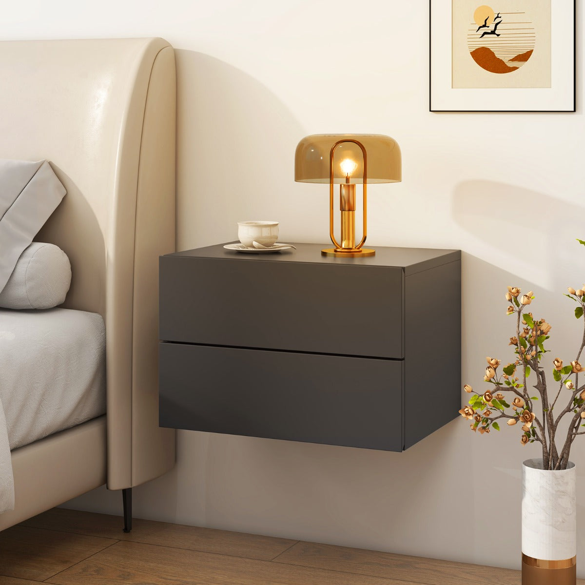 LIVSK Zwevend Nachtkastje met 2 Lades - Wandgemonteerd - Ruimtebesparend - Modern Design - 42 x 30 x 28 cm - Grijs/Wit