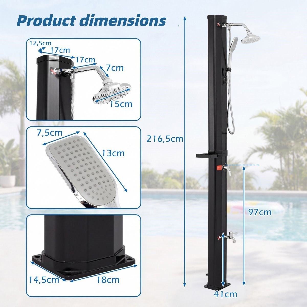 LIVSK Douchemat en Zonnedouche Set - WPC Materiaal - Antislip - Warm Water met Zonne-energie - 100 x 60 cm - Zwart