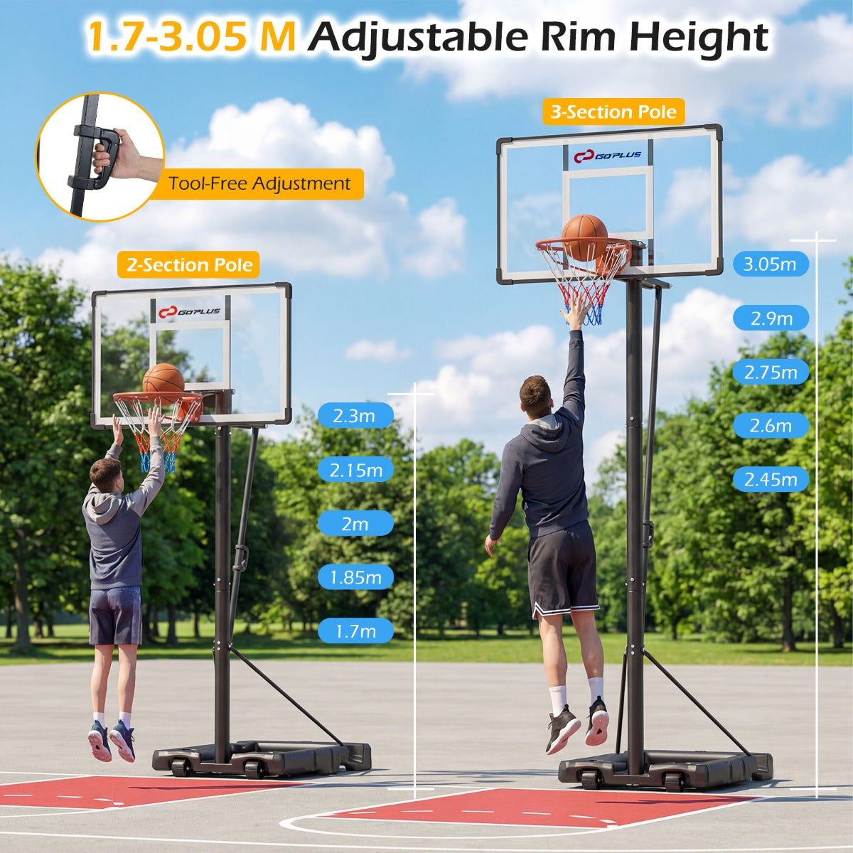 LIVSK Draagbare Basketbalpaal - Hoogte Verstelbaar 170-305 cm - Robuust Metaal - Vulbare Voet - Voor Binnen en Buiten - Zwart