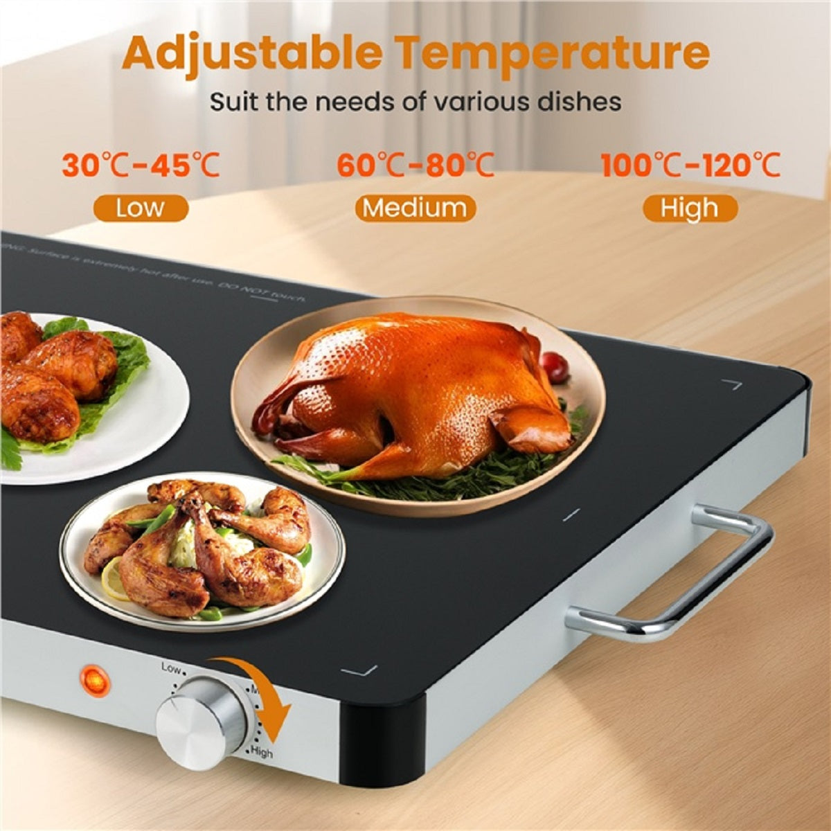 LIVSK Draagbare Voedselverwarmer - Instelbare Temperatuur - Gehard Glas - 53 x 40 cm - Veilig en Duurzaam - Zwart