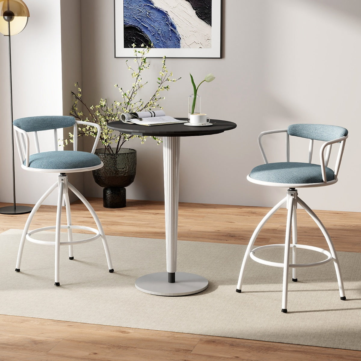 LIVSK Draaibare Barkrukken - 360° Draaifunctie - Ergonomische Rugleuning - Sterk Metaal - Zithoogte 67 cm - Blauw + Wit