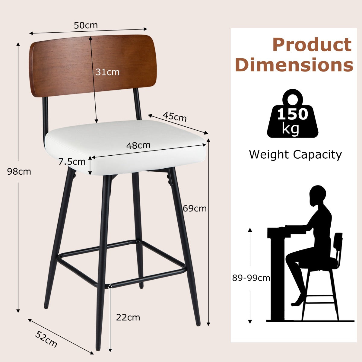 LIVSK Draaibare Barkrukken - 360° Draaifunctie - Ergonomische Rugleuning - Stevig Metaal - Wit/Zwart + Bruin