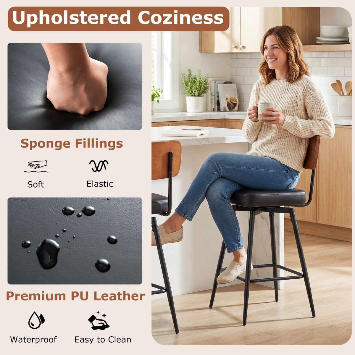 LIVSK Draaibare Barkrukken - Ergonomische Rugleuning - 360° Draaifunctie - Hoogwaardig Kunstleer - Wit/Zwart + Bruin