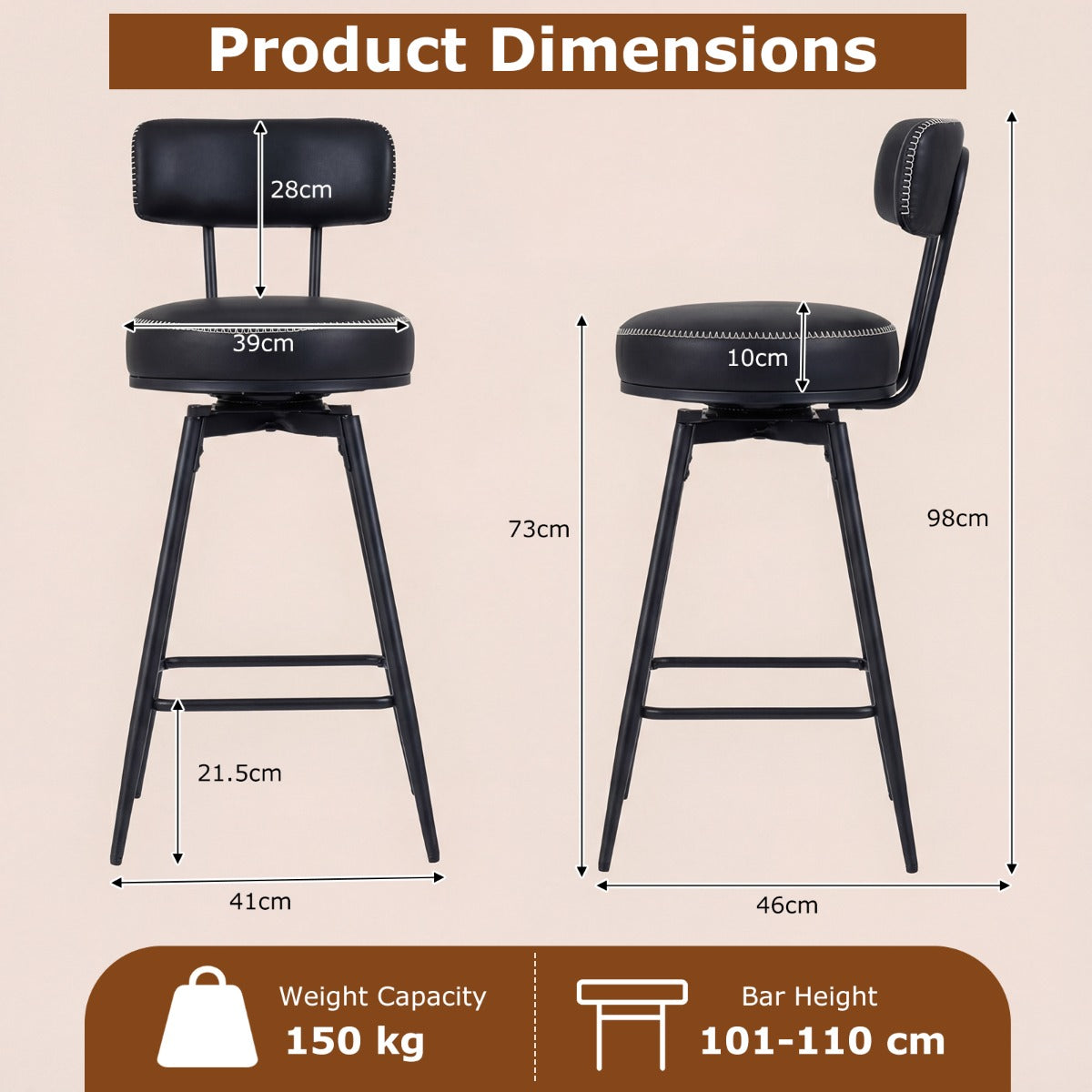 LIVSK Draaibare Barkrukken Set van 2 - Ergonomische Rugleuningen - 360° Draaifunctie - Kunstleren Bekleding - Bruin en Zwart