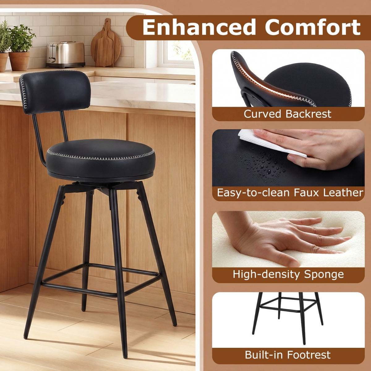 LIVSK Draaibare Barkrukken Set van 2 - Ergonomische Rugleuningen - 360° Draaifunctie - Kunstleren Bekleding - Bruin en Zwart