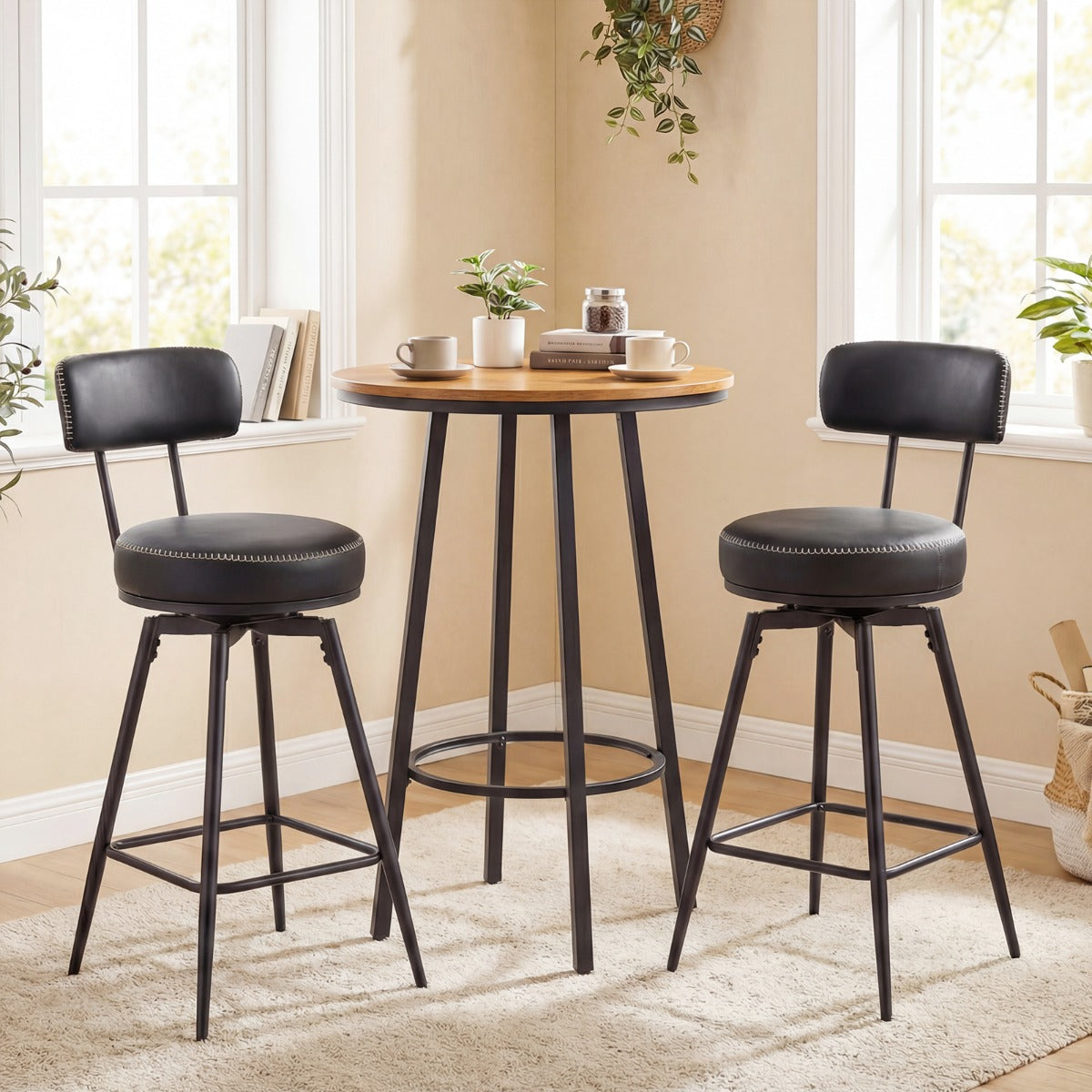 LIVSK Draaibare Barkrukken Set van 2 - Ergonomische Rugleuningen - 360° Draaifunctie - Kunstleren Bekleding - Bruin en Zwart