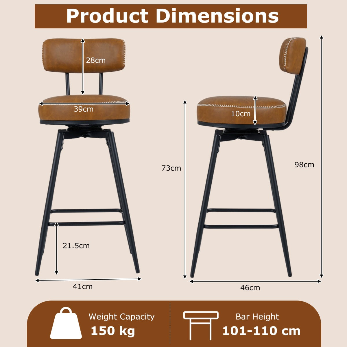LIVSK Draaibare Barkrukken Set van 2 - Kunstleren Bekleding - Ergonomische Rugleuningen - 360° Draaifunctie - Bruin/Zwart