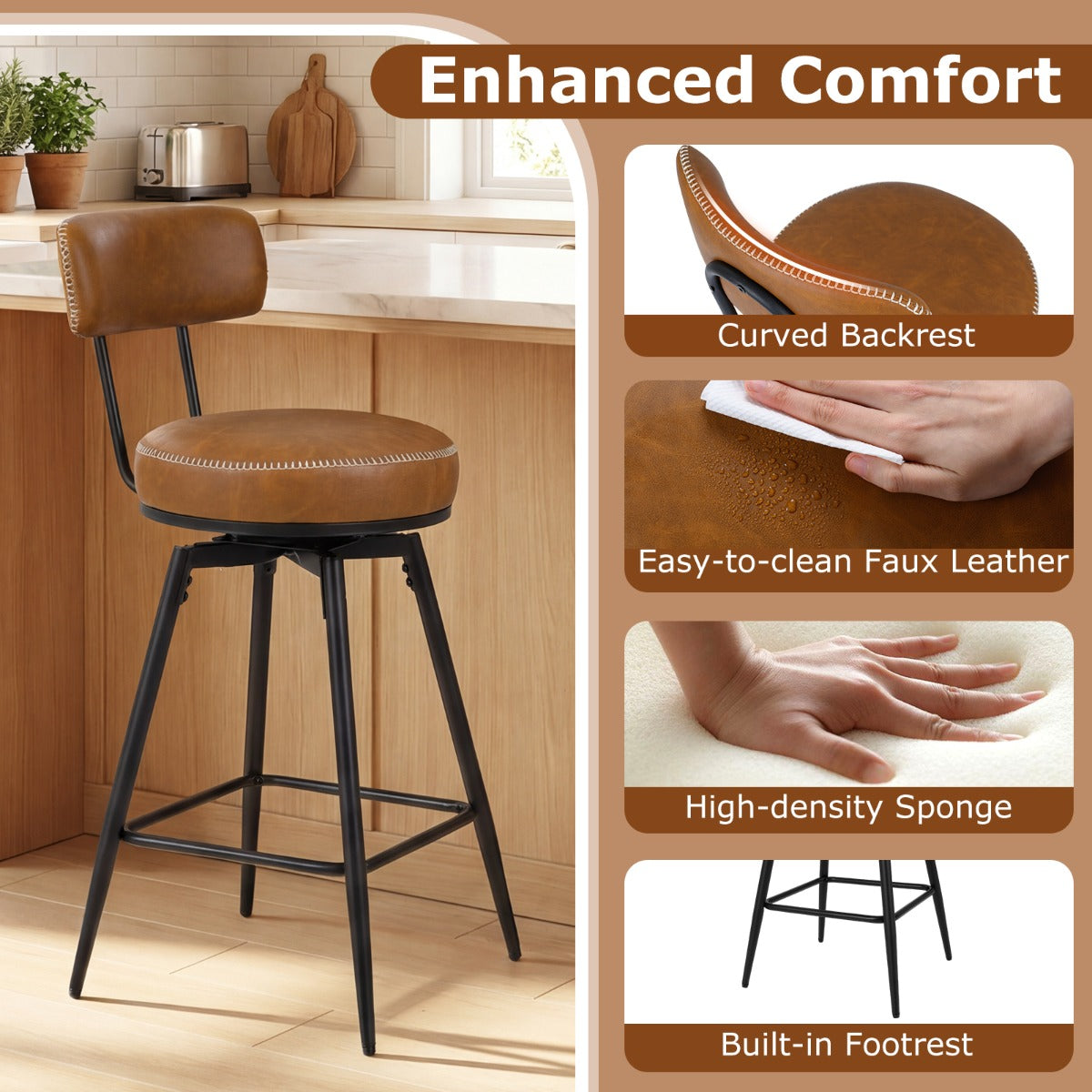 LIVSK Draaibare Barkrukken Set van 2 - Kunstleren Bekleding - Ergonomische Rugleuningen - 360° Draaifunctie - Bruin/Zwart