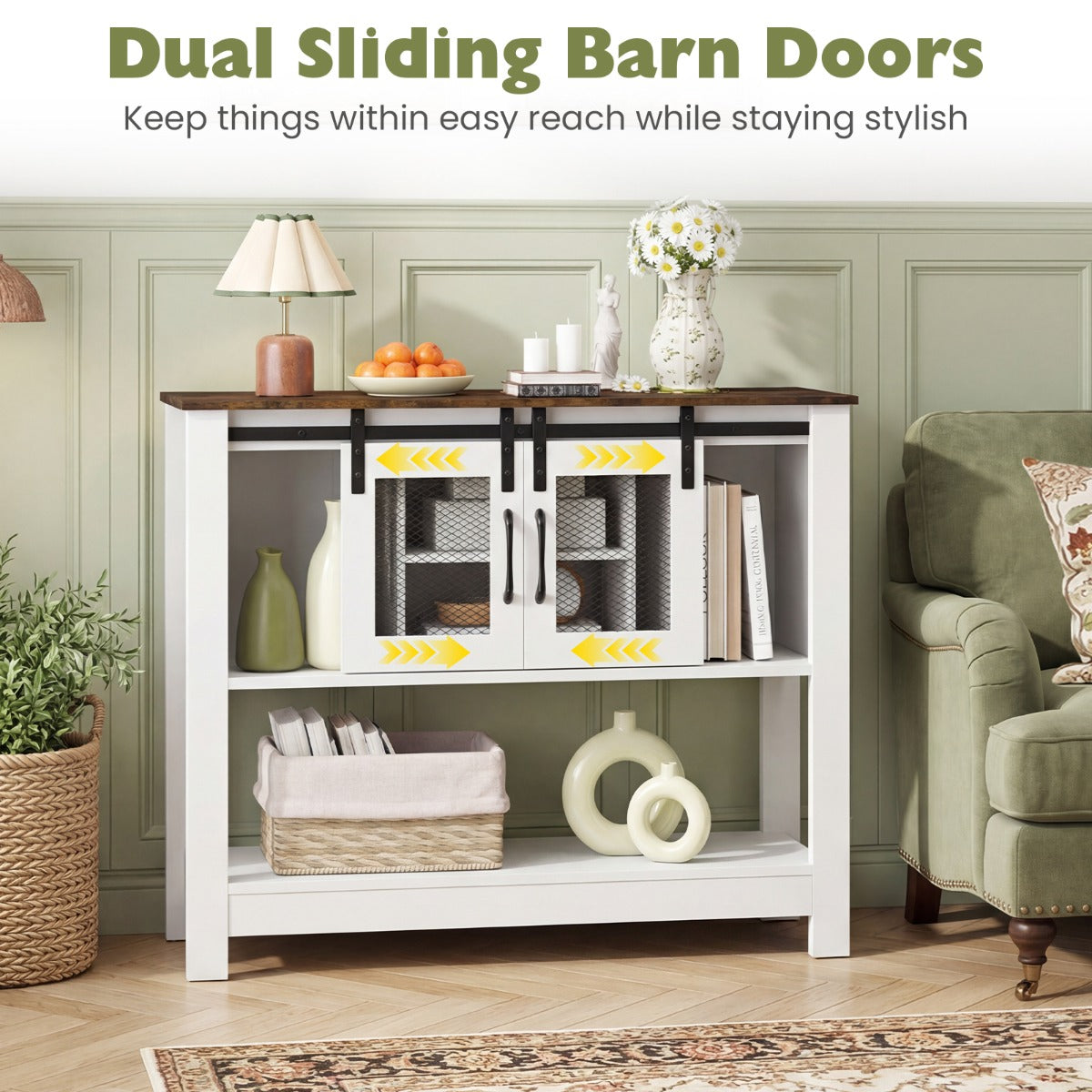 LIVSK Dressoir met Schuifdeuren - Verstelbare Planken - Antislipvoetjes - Ruim Opbergvlak - Rustiek Bruin + Wit