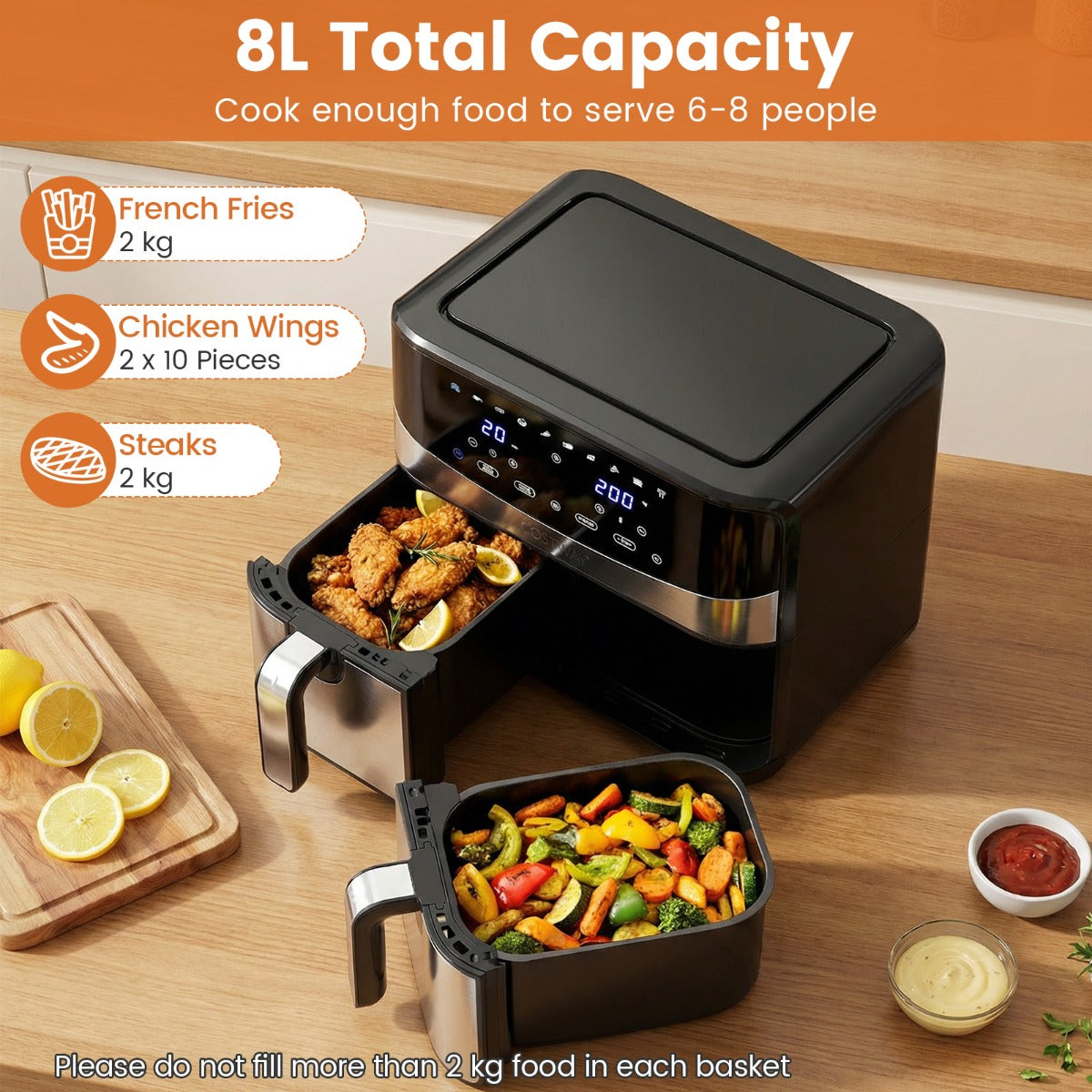 LIVSK Dubbele Airfryer - 10-in-1 met 2 Manden van 4L - 2100W - 360° Heteluchtcirculatie - Digitale Touchscreen - Zwart en Zilver