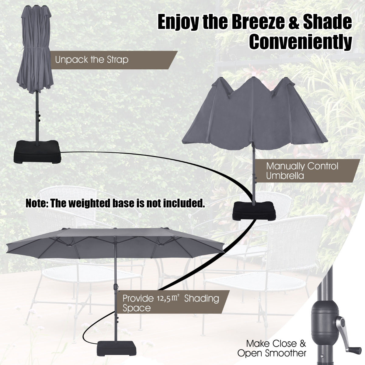 LIVSK Dubbele Buitenparasol - 12 Stevige Baleinen - Handige Handslinger - Eenvoudige Installatie - 470 cm x 280 cm - Grijs