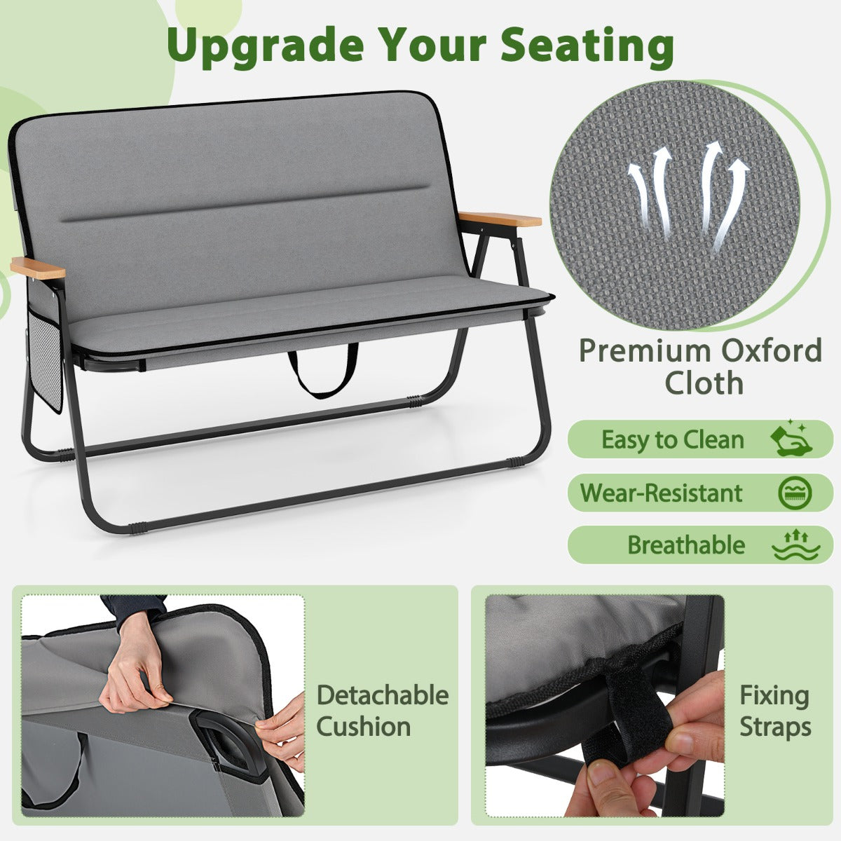 LIVSK Dubbele Campingstoel - Ademend Oxford-Stof - Ergonomische Rugleuning - Inklapbaar en Draagbaar - 300 kg - Grijs