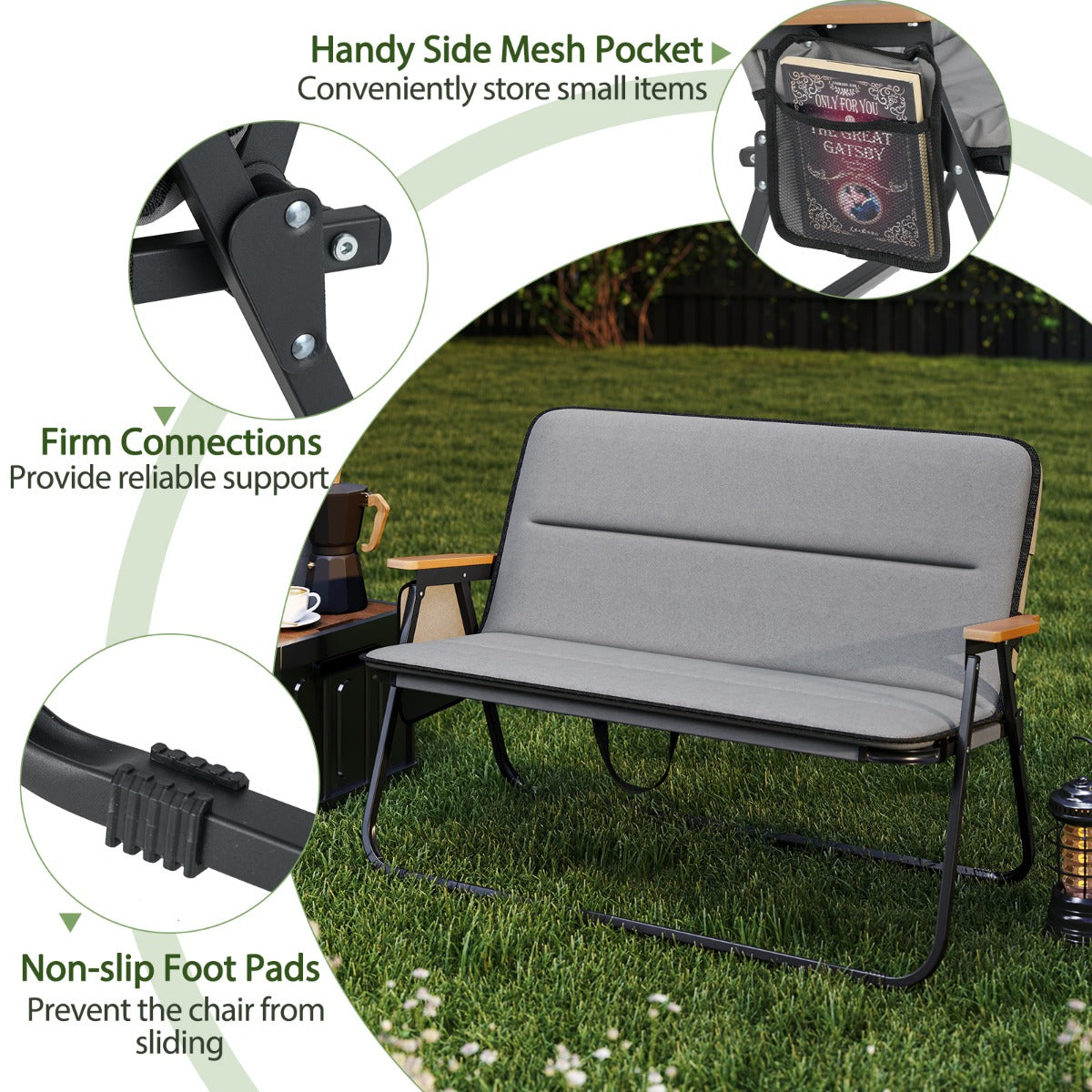 LIVSK Dubbele Campingstoel - Ademend Oxford-Stof - Ergonomische Rugleuning - Inklapbaar en Draagbaar - 300 kg - Grijs