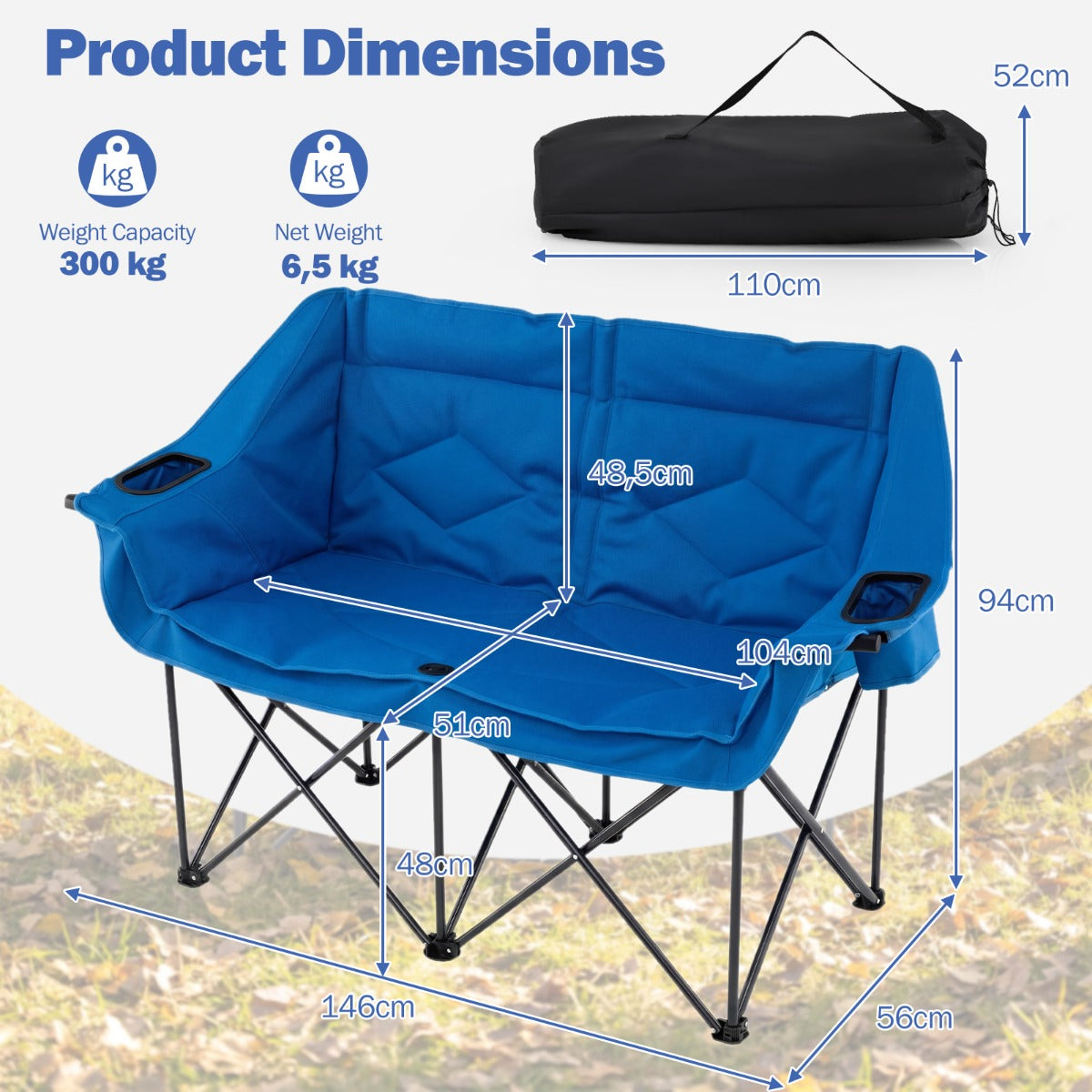 LIVSK Dubbele Campingstoel - Draagvermogen 300 kg - Slijtvast Oxford - 2 Bekerhouders - Opvouwbaar - Grijs/Marineblauw