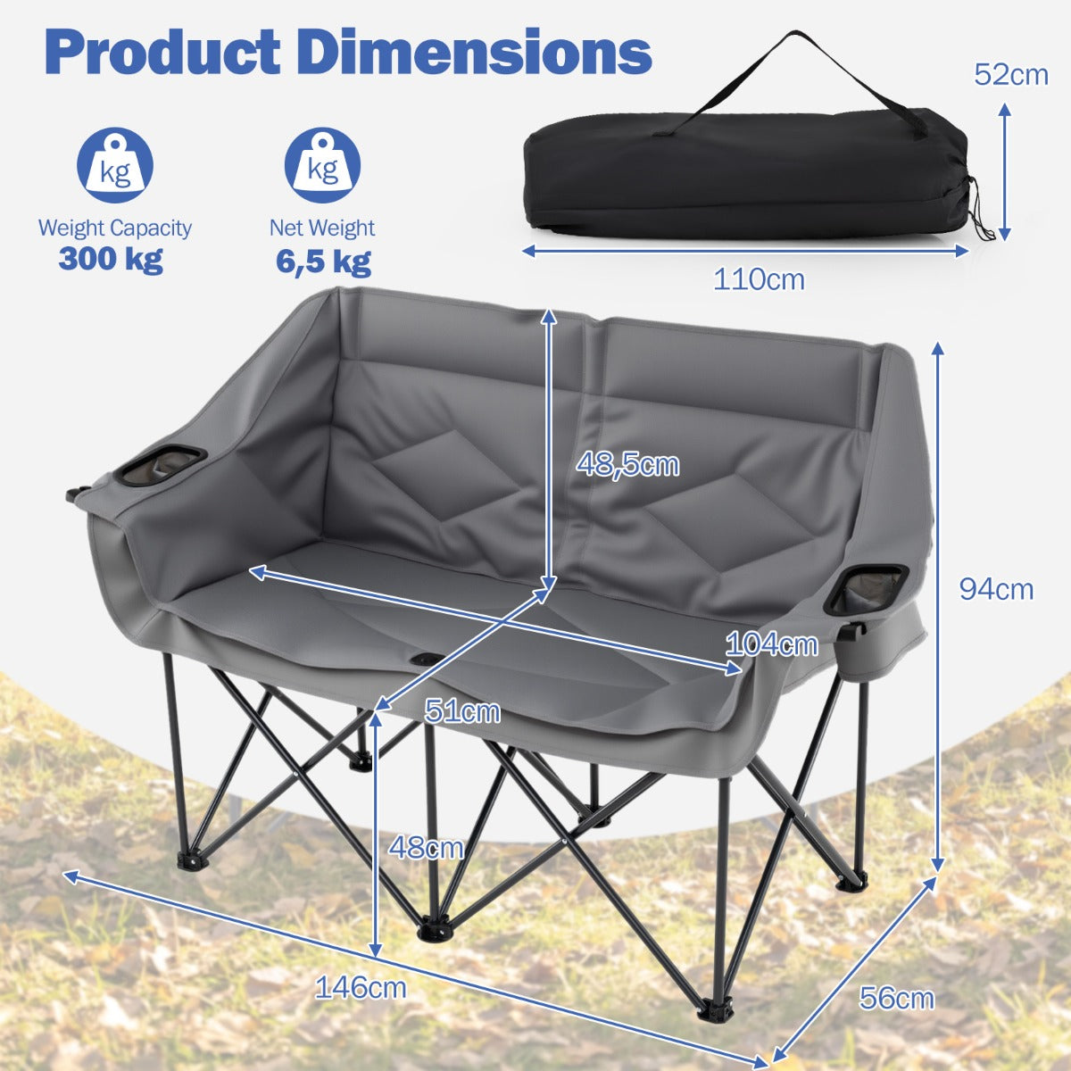LIVSK Dubbele Campingstoel - Draagvermogen 300 kg - Slijtvast Oxford - Inclusief Bekerhouders - Grijs/Marineblauw