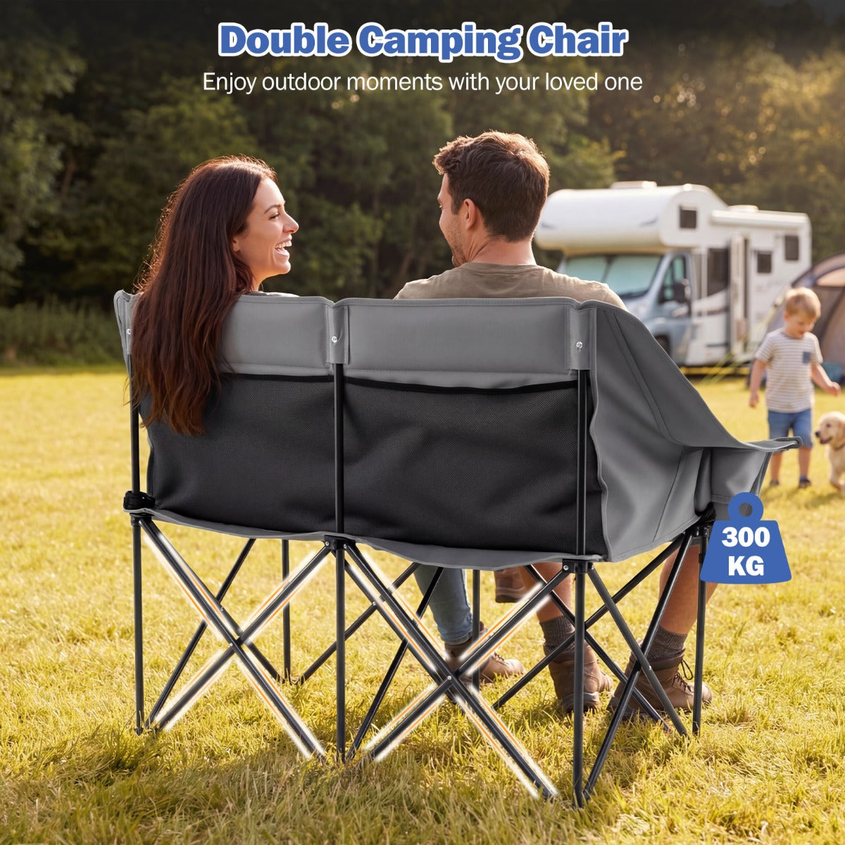 LIVSK Dubbele Campingstoel - Draagvermogen 300 kg - Slijtvast Oxford - Inclusief Bekerhouders - Grijs/Marineblauw