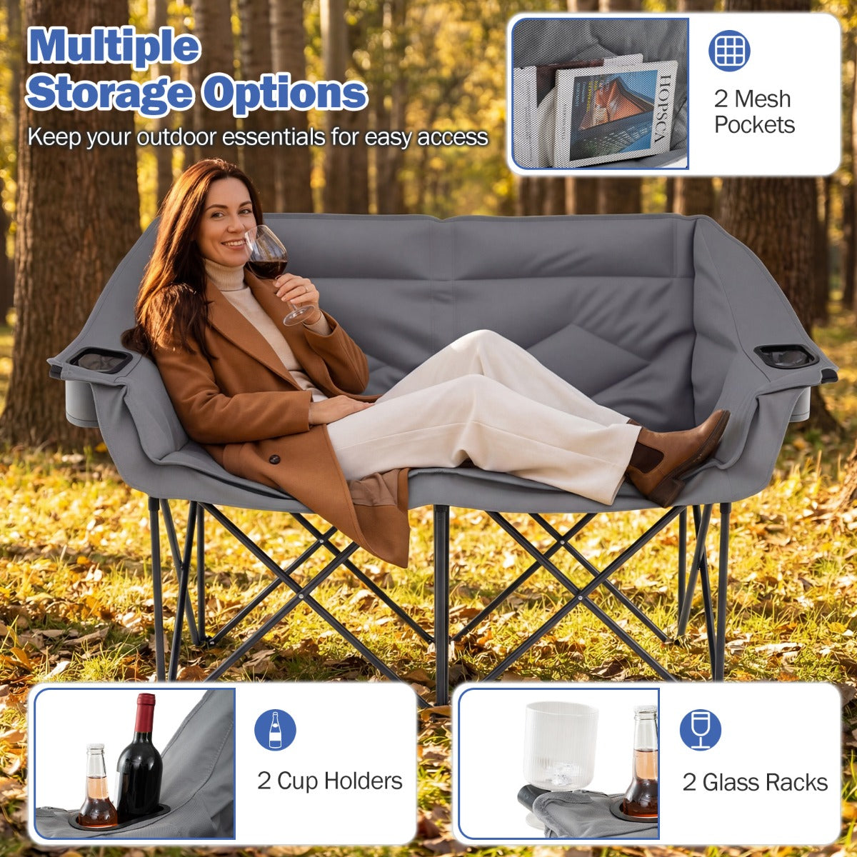 LIVSK Dubbele Campingstoel - Draagvermogen 300 kg - Slijtvast Oxford - Inclusief Bekerhouders - Grijs/Marineblauw
