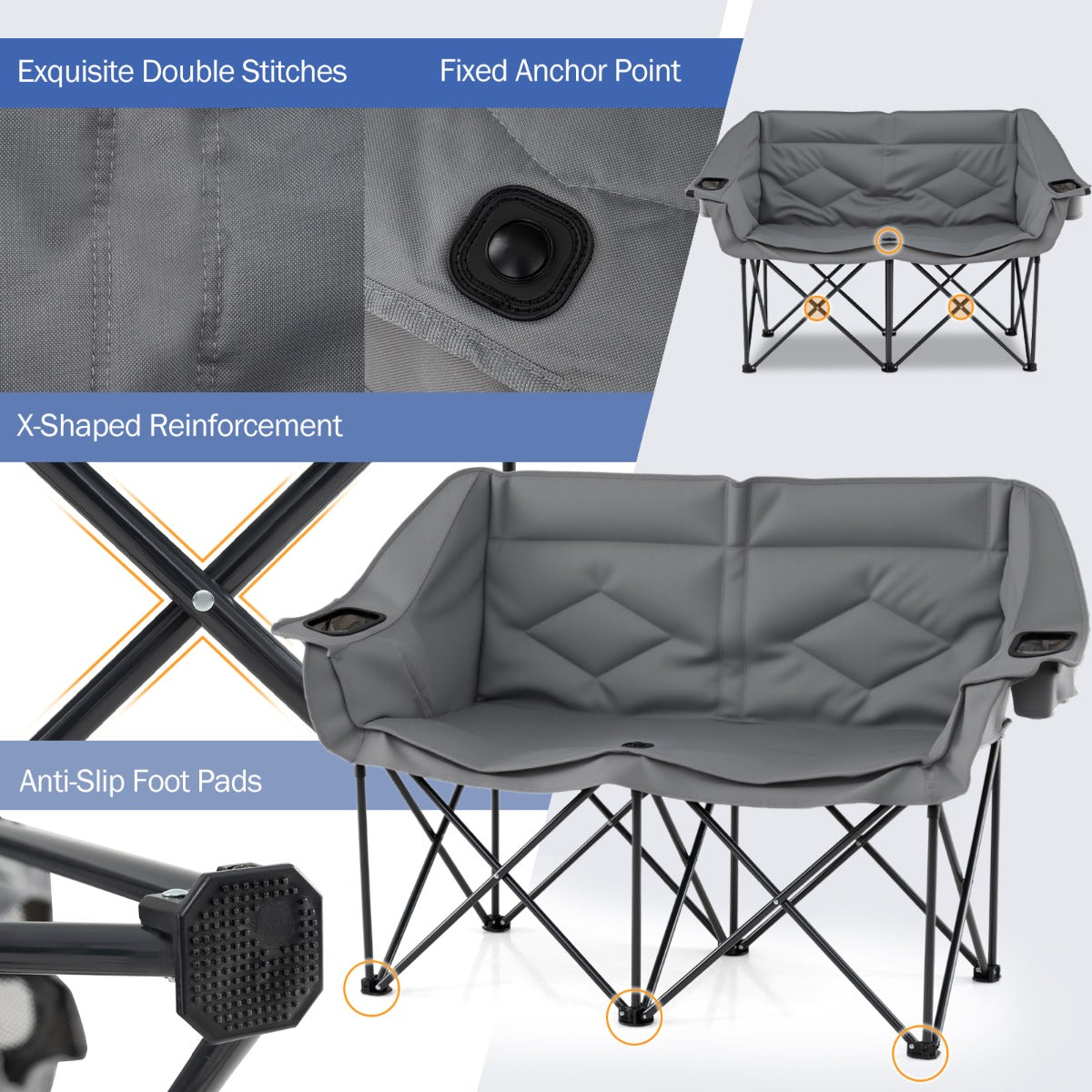 LIVSK Dubbele Campingstoel - Draagvermogen 300 kg - Slijtvast Oxford - Inclusief Bekerhouders - Grijs/Marineblauw