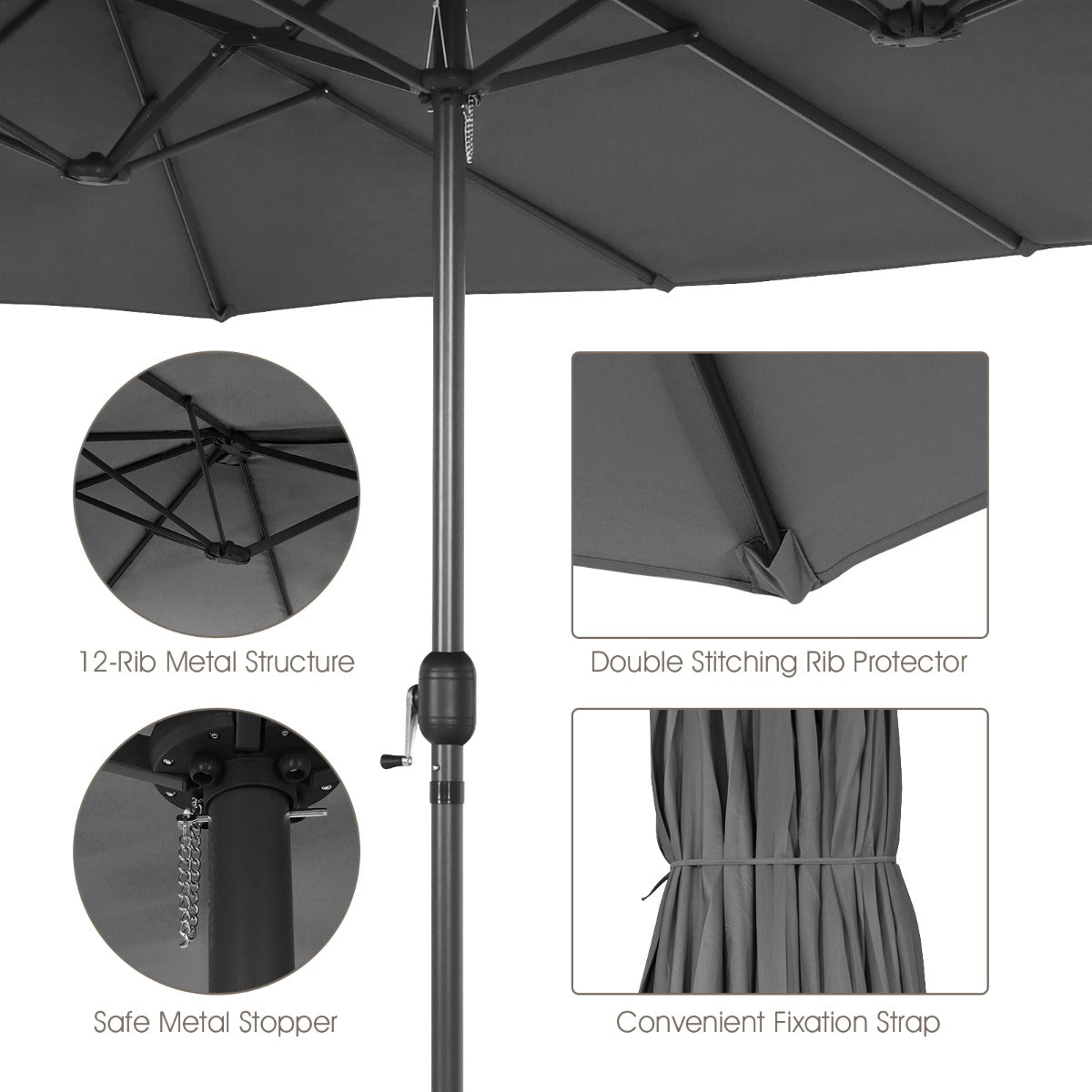 LIVSK Dubbele Parasol - Groot Schaduwgebied - Handzwengelmechanisme - Robuust Metaal - Voor Tuin en Terras - Bruin/Grijs