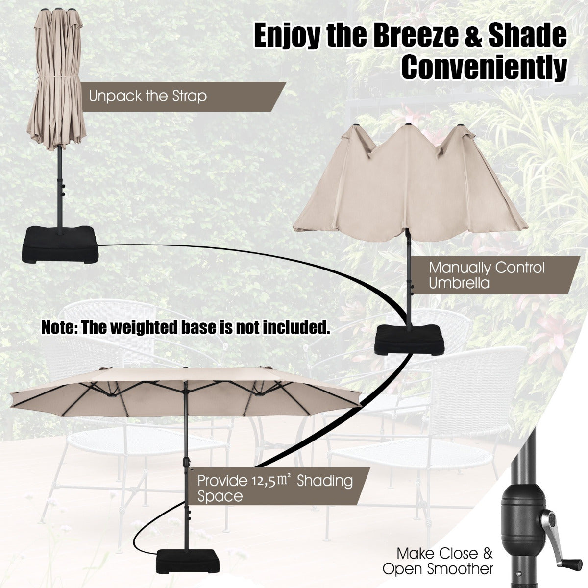 LIVSK Dubbele Parasolset - Ruime 470 cm Parasol - Handzwengel - Stevige Voet met Zandzakken - Inclusief Beschermhoes - Zwart
