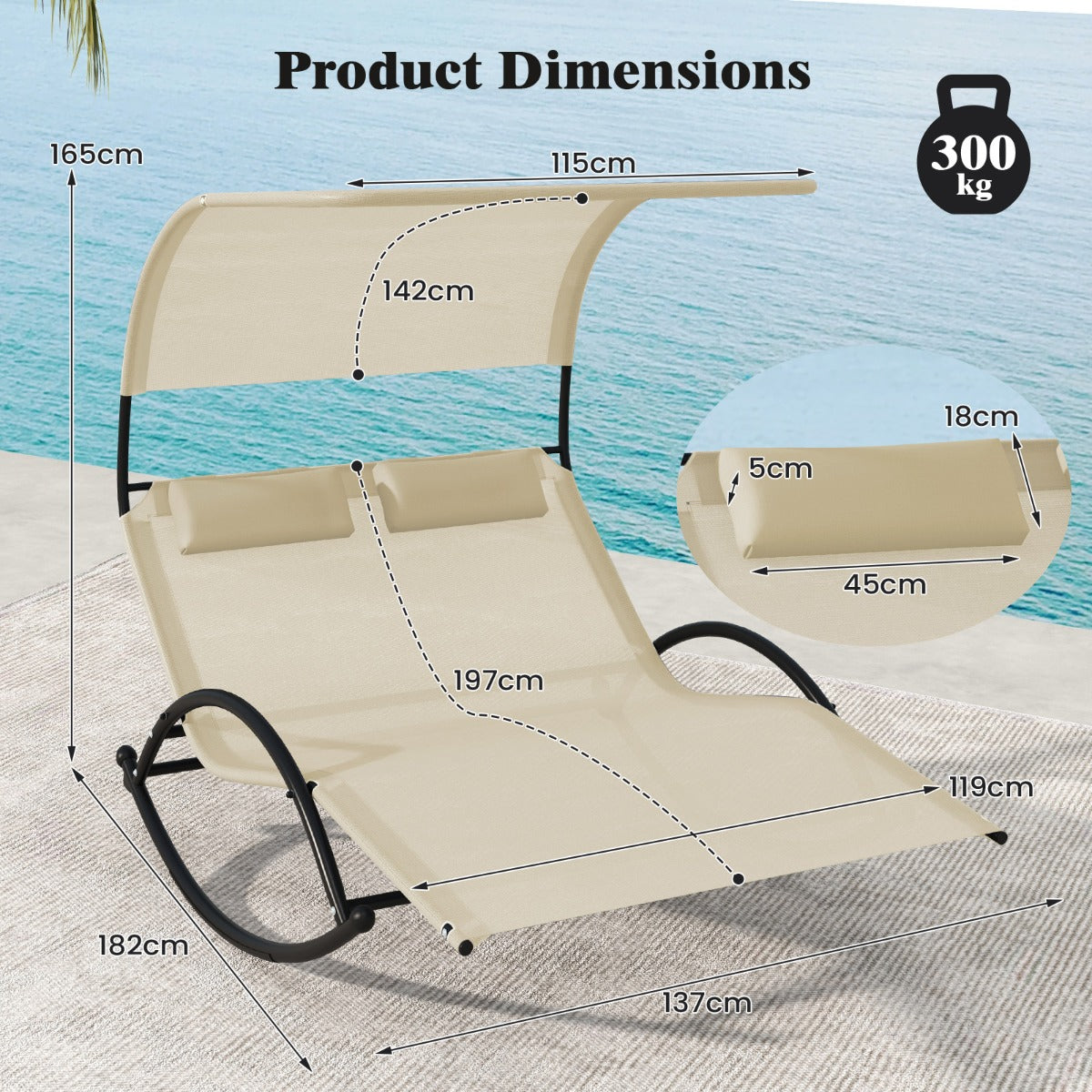 LIVSK Dubbele Schommel-Ligstoel - Ergonomisch Ontwerp - Polyester Luifel - Draagvermogen 300 kg - Beige