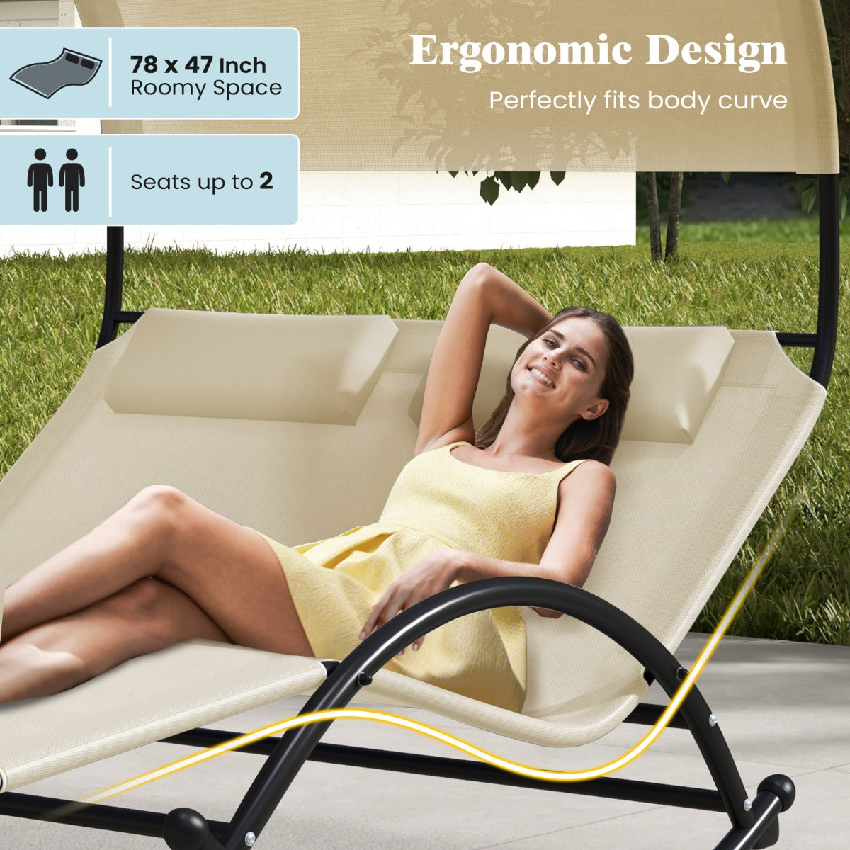 LIVSK Dubbele Schommel-Ligstoel - Ergonomisch Ontwerp - Polyester Luifel - Draagvermogen 300 kg - Beige