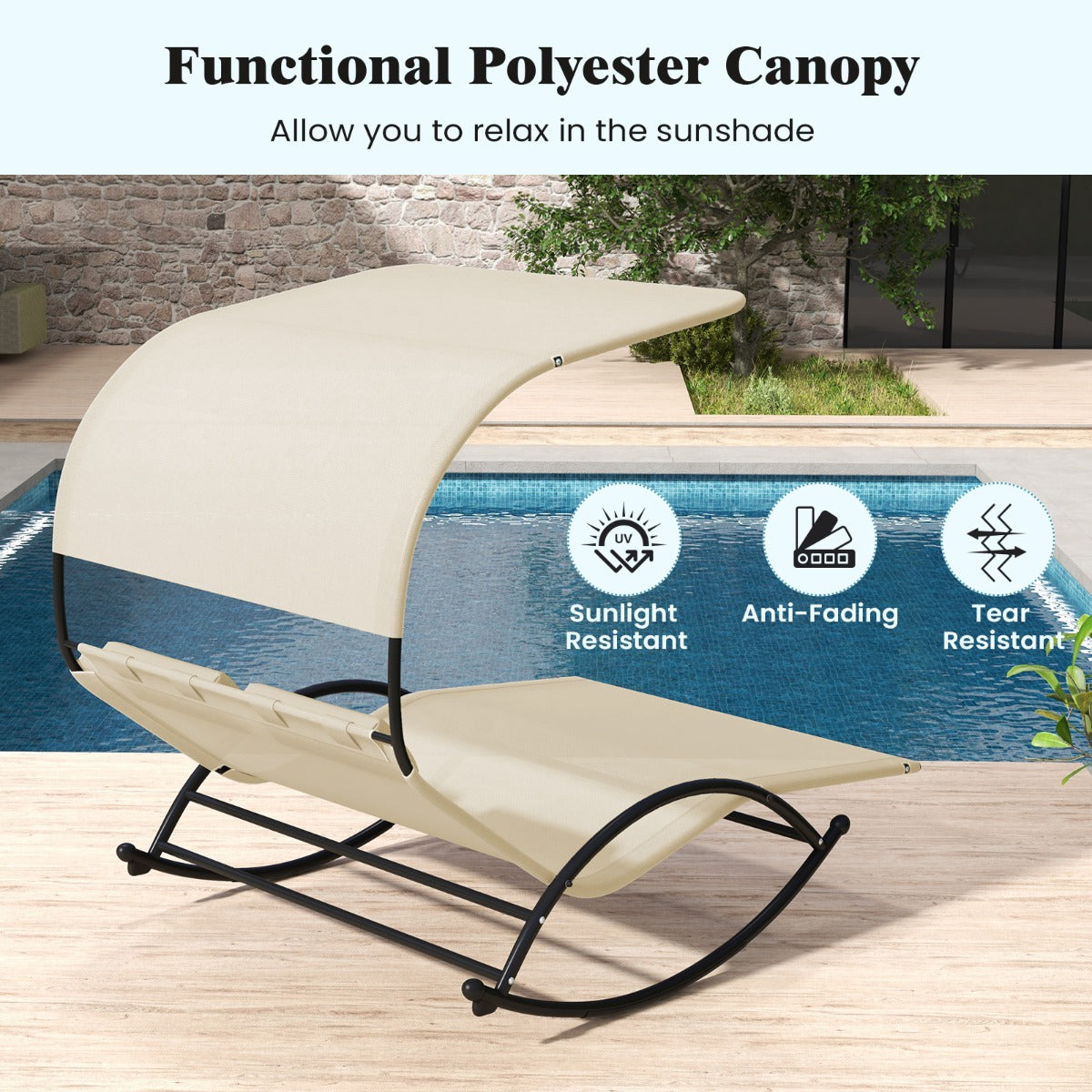 LIVSK Dubbele Schommel-Ligstoel - Ergonomisch Ontwerp - Polyester Luifel - Draagvermogen 300 kg - Beige