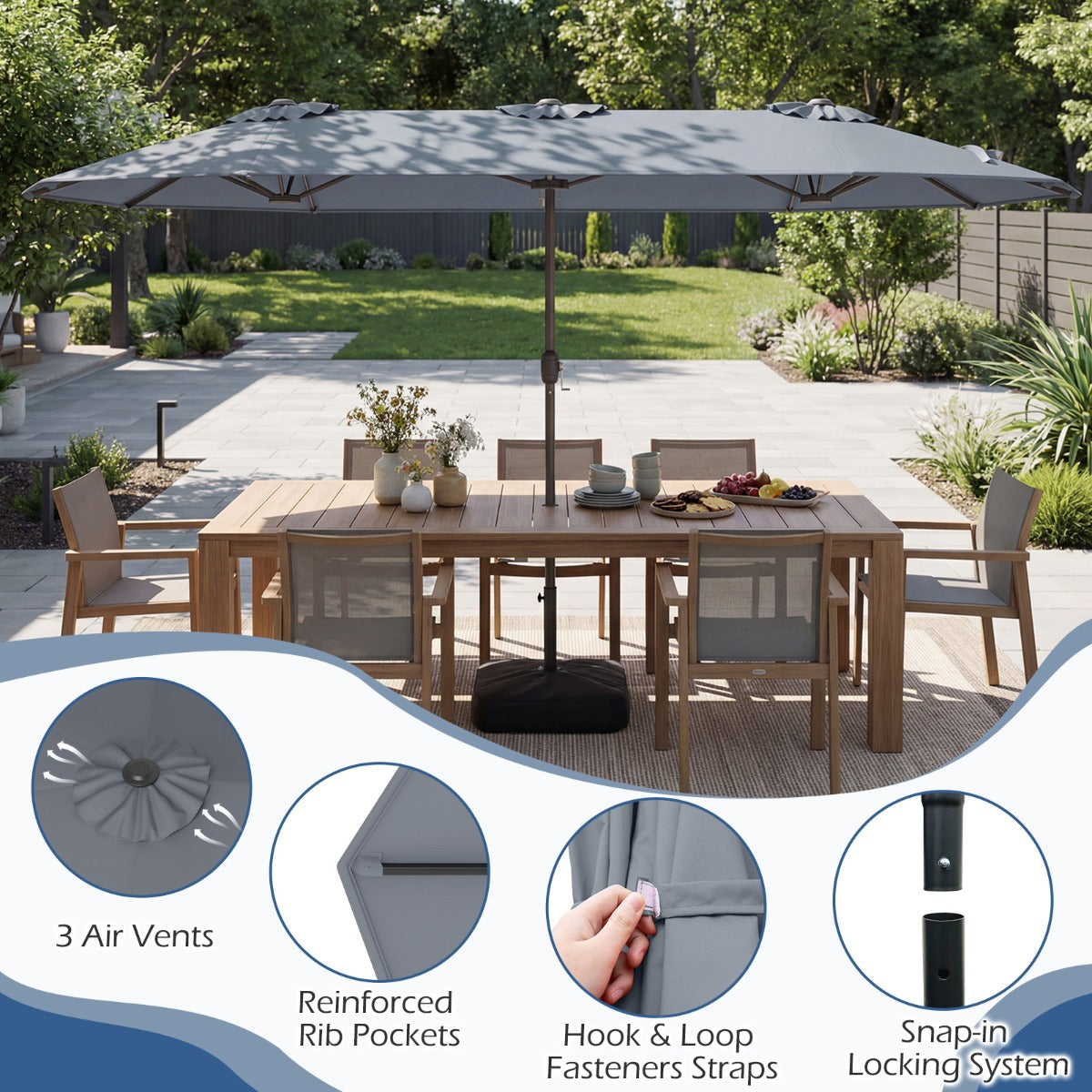 LIVSK Dubbele Terras Parasol - Ruim Schaduwoppervlak - Ventilatiegat - Weerbestendig Doek - Eenvoudig in Gebruik - Grijs