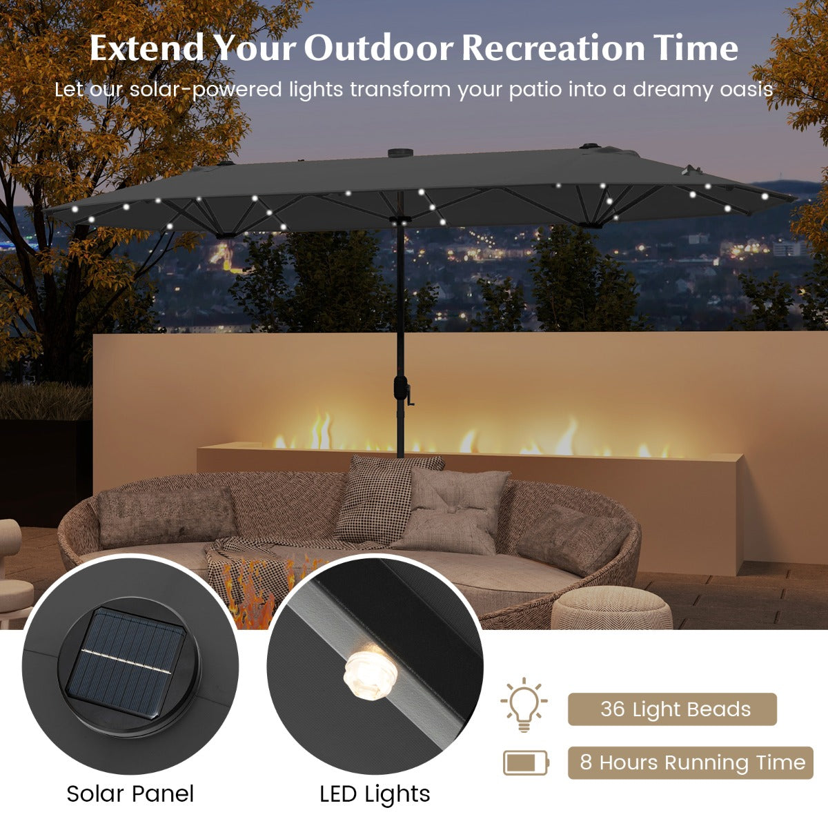 LIVSK Dubbele Terrasparasol - 4 x 2,1 m - 36 LED-lampjes - Gebruiksvriendelijk - Robuuste constructie - Grijs