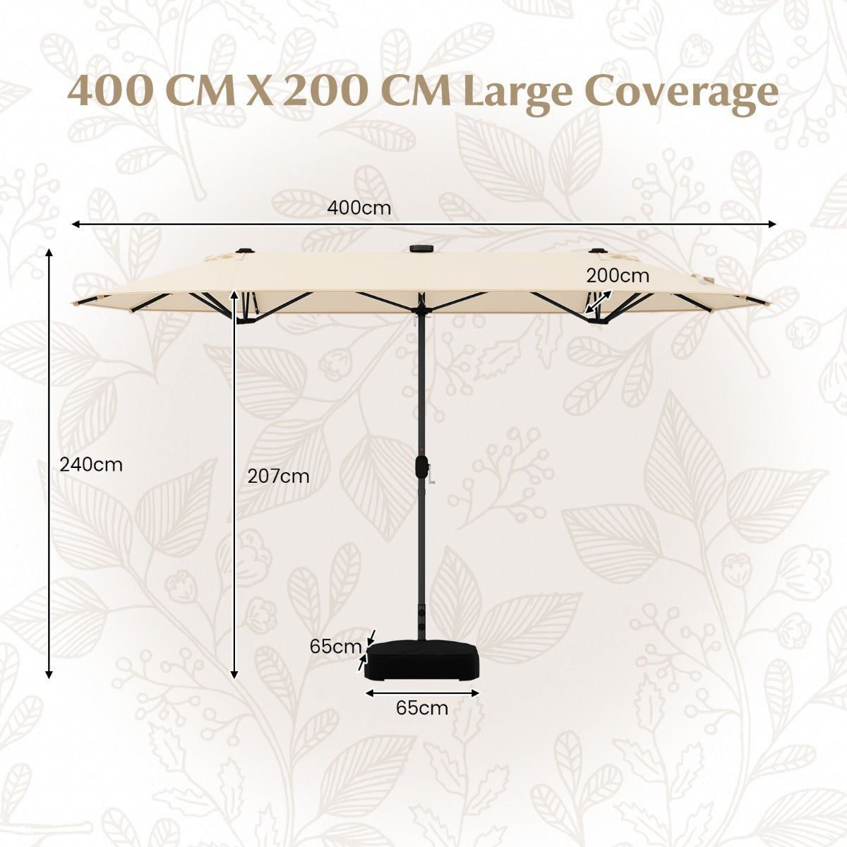 LIVSK Dubbele Tuinparasol - 400 x 200 cm - 36 LED-lampjes - Garengeverfde Stof - Stevige Basis - Beige