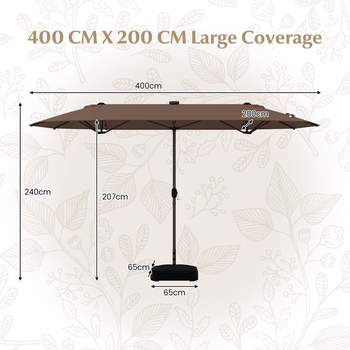 LIVSK Dubbele Tuinparasol - 400 x 210 cm - 36 LED-lampen - Robuust Frame - Eenvoudige Bediening - Bruin