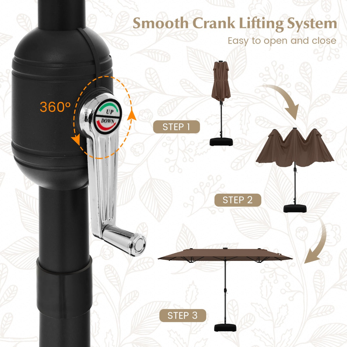 LIVSK Dubbele Tuinparasol - 400 x 210 cm - 36 LED-lampen - Robuust Frame - Eenvoudige Bediening - Bruin