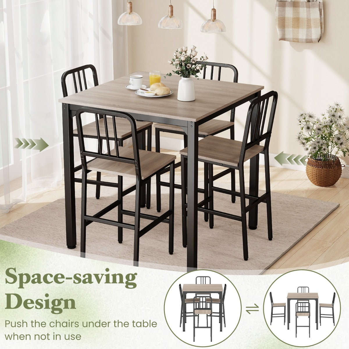 LIVSK Eethoek met 4 Barkrukken - Ruimtebesparend - Ergonomisch Comfort - Stevig Metaal en Hout - Goud en Wit / Grijs en Zwart /